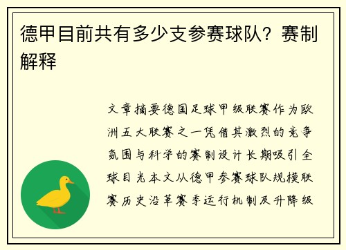 德甲目前共有多少支参赛球队？赛制解释